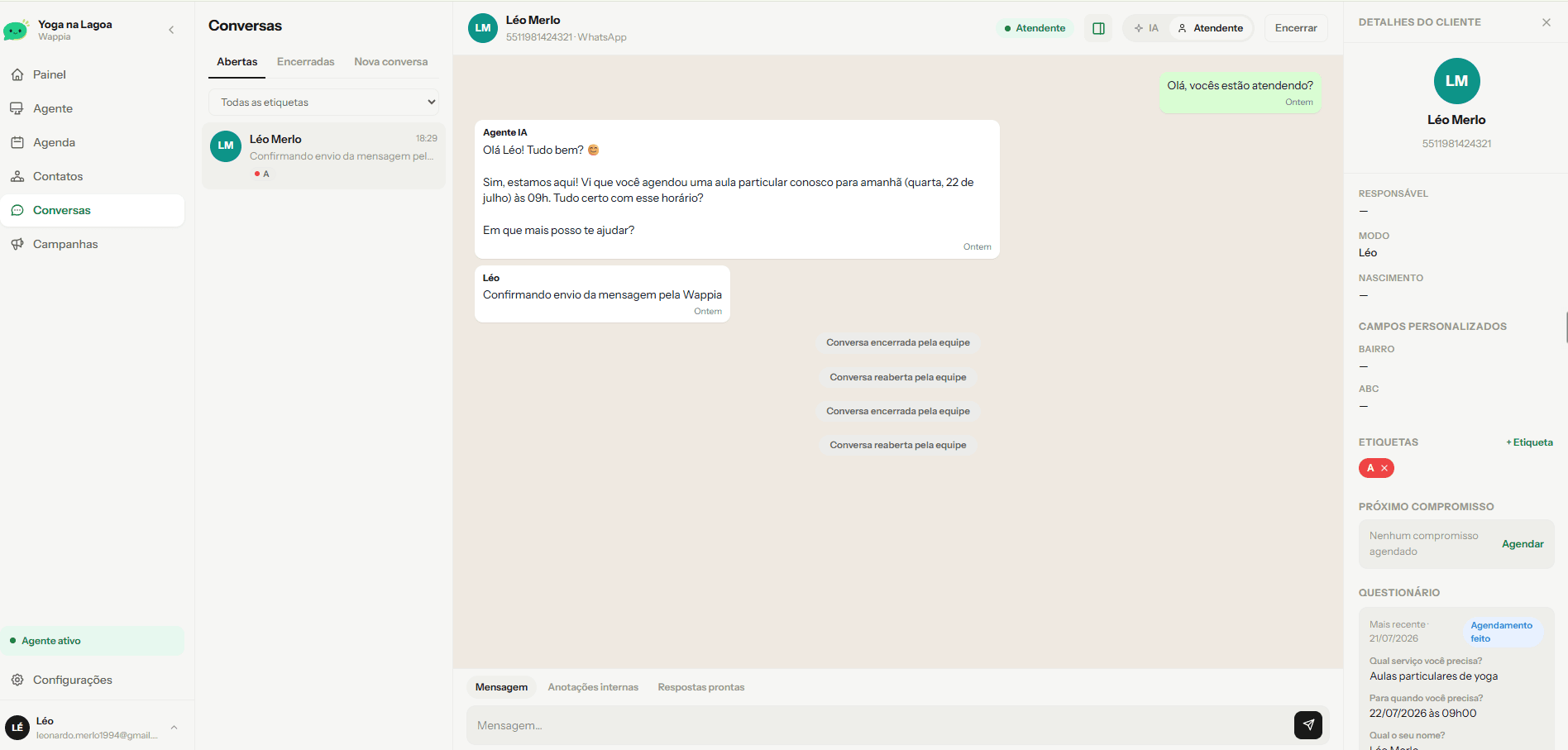 Painel da Wappia: conversa do cliente no WhatsApp com a ficha de detalhes do contato à direita
